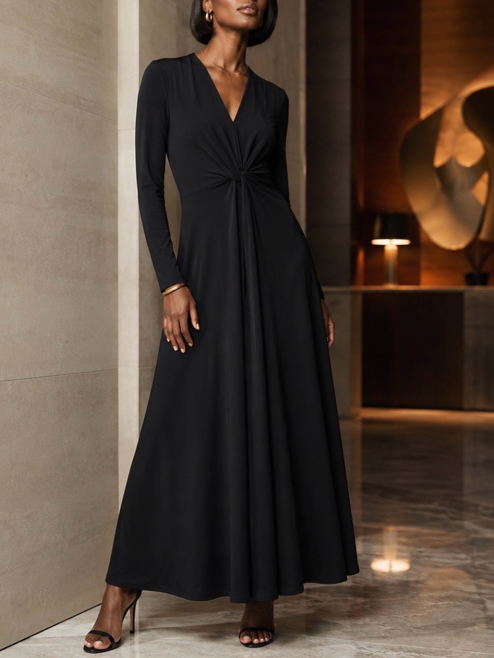 Karen Kane Black Long-Sleeve Twist-Waist Maxi Dress